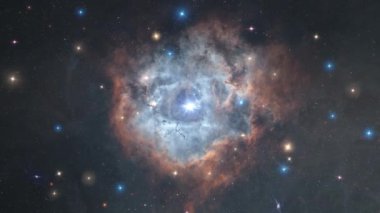 Rosette nebulası galaksisine doğru uzay keşfi. Parlayan bulutlarda, bulutlarda ve yıldızlarda uçmanın animasyonu. 4K bulutlar ve yıldız alanlarında uçuyor. 