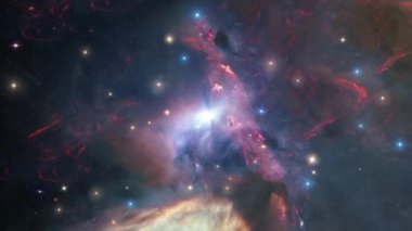 Uzay yolculuğu Rho Ophiuchi bulut kompleksi yıldızlararası bulutlar ve farklı nebulalar. Uzayda yıldız alanlarında seyahat, bilimsel filmler için 4K 3D. Bu görüntünün elementleri NASA tarafından desteklenmektedir.