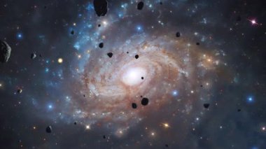 Galaxy Space flight exploration space rock scence through outer space at spiral Galaxy IC 4633 in the Apus constellation. 4K looping animation of flying through glowing nebulae, clouds and stars field.Elements furnished by NASA image.