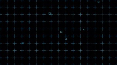 4K 3D, soyut dijital teknolojiyi siyah arkaplan üzerinde mavi ızgara desen hareketi olarak gösteriyor. Yanıp sönen küçük parlayan karesi yanıp sönen elektrik hattı. İleri teknoloji fütüristik arka plan.