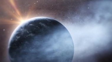 Koyu mavi uzaylı gezegenli soyut uzay keşfi. Bulut galaksisinde, Güneş 'in geri sardığı soyut bilim kurgu evreninde. 4K 3D Galaksi Uçuşu yabancı kum gezegeninin yanından geçiyor, bilim kurgu geri dönüyor.