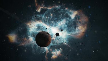 Uzay keşfi uzayda NGC5189 galaksisine doğru uçuyor. NASA tarafından desteklenen bu görüntünün elementleri parlayan nebulanın içinden uçmanın animasyonu.
