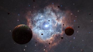 Rosette nebulası galaksisine doğru uzay keşfi. Parlayan bulutlarda, bulutlarda ve yıldızlarda uçmanın animasyonu. NASA görüntüsü tarafından desteklenen elementler.