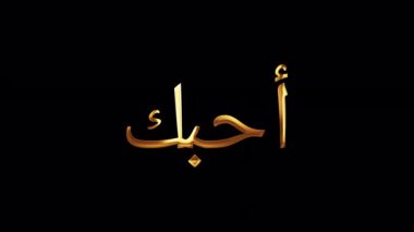 Arapça Kaligrafi, İngilizce Çeviri: I Love You Arab word I Love You golden text with gold light shine loop animasyon. 4K 3D kusursuz döngü QuickTime Alpha Channel ProRes 4444 izole edildi