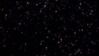 Döngü animasyonu siyah soyut arkaplanda havada uçuşan beyaz yıldız parçacıkları parlıyor. Parlayan kor yanan kül parçacıkları.