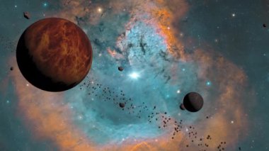 NGC 7822 'de bulunan ve parlayan bulutlar, bulutlar ve yıldızlar arasında uçan cisimlerin animasyonu olan NGC 7822' de Galaksi Uzay Yolculuğu keşfi. NASA görüntüsü ile donatılmış elementler.