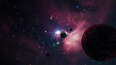 Galaksi uzay uçuş keşfi Rho Ophiuchi 'de uzayda kara bulut 4K parlayan bulutlar, bulutlar ve yıldızlar arasında uçmanın animasyonunu canlandırıyor. NASA görüntüsü tarafından desteklenen elementler