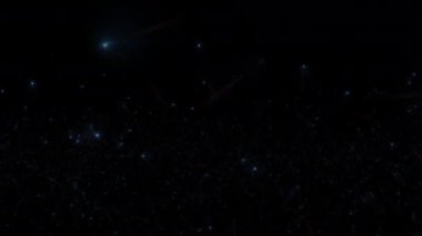 Soyut döngü animasyonu mavi ışık yıldız toz parçacıkları siyah arkaplanda akar. 4K 3D kusursuz turuncu altın parçacıkları havada uçuşuyor..