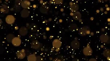 Soyut döngü animasyonu yanıp sönen altın renkli ışıldayan balon parçacıkları şenlikli arka plan için siyah arkaplanda uçuyor. 4K 3D kusursuz turuncu kırmızı altın parçacıkları havada uçuşuyor..