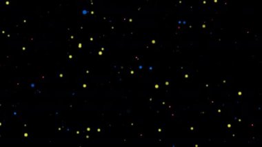 Soyut animasyon, ekran projesi için siyah zemin üzerinde akan sarı, mavi, bokeh parçacıkları parlatmaktadır. 4K 3D kaotik hareketli mavi parçacıklar havada uçuşuyor.