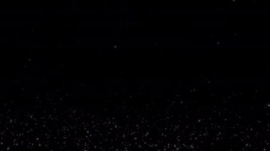 Animasyon döngüsü beyaz yıldız parçacıkları ekran projesi için siyah soyut arka planda yukarı doğru akar. Alevli, beyaz, parlayan, yanan kül parçacıklarının canlandırması.