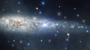 Galaxy Space flight exploration space rock scence  through outer space at NGC 4631 the Whale galaxy. 4K looping animation of flying through glowing nebulae, clouds and stars field.