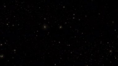 Soyut animasyon döngüsü altın yıldızları parlatır toz parçacıkları siyah arkaplanda akar. 4K 3D kusursuz altın halkalı bokeh parçacıkları havada uçuşuyor.. 
