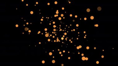 Soyut animasyon döngüsü turuncu bokeh parçacıkları siyah arkaplanda parlıyor. 4K 3D kusursuz mavi bokeh parçacıkları havada uçuşuyor