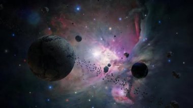 Orion Nebulası. Uzay uçuşundan yıldız alanı Galaksi ve Nebula derin uzay keşfine. Orion Bulutsusu 'na 4K 3D uçuş, Samanyolu' nda dağıtılmış nebula. NASA görüntüsüyle döşenmiş.