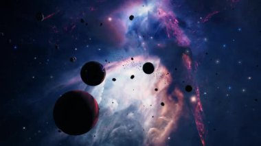 Galaksi uzay uçuş keşifleri Rho Ophiuchi 'de uzayda karanlık bulut kompleksi 4K parlayan nebulalar, bulutlar ve yıldızlar arasında uçmanın animasyonunu oluşturur. NASA görüntüsü ile donatılmış elementler