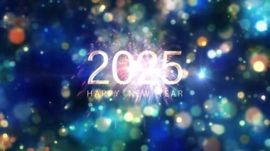 2025 Mutlu Yıllar altın metni, ışıltılı bir animasyon ve güzel bir sinema başlığı ve soyut bir arkaplan içeriyor. Yeni yıl giriş festivali