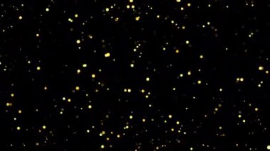 Soyut döngü animasyonu, ekran projesi için siyah arkaplan üzerinde uçan, yanıp sönen altın bokeh baloncuk parçacıkları. 4K 3D kusursuz turuncu kırmızı altın parçacıkları havada uçuşuyor..