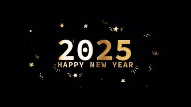Mutlu yıllar 2025 altın ışıklı metin animasyon kara soyut arkaplan üzerine sinema başlığı. Kutlama etkinliği için yeni yıl temalı arka plan, kış Noel 'i. QuickTime Alpha Kanalı 444 'ü ayır