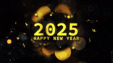 2025 mutlu yıllar. Yeni parlak ışık. Animasyon, grungy stili. Siyah soyut arka planda sinematik başlık. Kutlama etkinliği, kış Noel 'i için yeni yıl temalı arka plan.