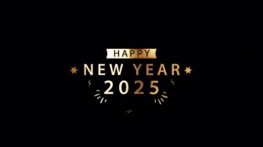 Mutlu yıllar 2025 altın ışıklı metin animasyon kara soyut arkaplan üzerine sinema başlığı. Kutlama etkinliği için yeni yıl temalı arka plan, Kış Noeli. QuickTime Alpha Kanalı 444 'ü ayır.