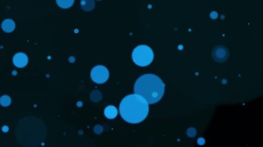 Siyah arkaplana düşen soyut animasyon mavi bokeh parçacıkları. 4K 3D mavi bokeh parçacıkları havada uçuşuyor. 