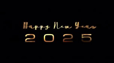Mutlu yıllar 2025 altın metin, siyah arka plan üzerinde 3D ışık efekti parlıyor. İzole edilmiş alfa kanalı 444.
