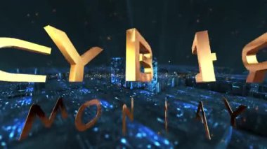 Siber Pazartesi Altın Işık Efekti metninin animasyonu, dijital bilim efekti soyut arkaplan üzerine sinematik karavan başlığı üzerine ateş parçacıkları içeriyor 