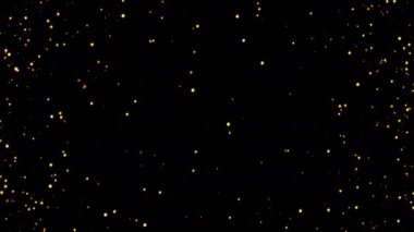 Soyut döngü animasyonu yanıp sönen parlak turuncu bokeh baloncuk parçacıkları siyah arkaplanda uçuyor. 4K 3D kusursuz turuncu altın parçacıkları havada uçuşuyor..