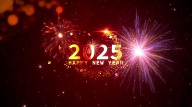 2025 Mutlu Yıllar altın renkli metin animasyonu havai fişek efekti ile siyah soyut arkaplan üzerinde sinematik başlık