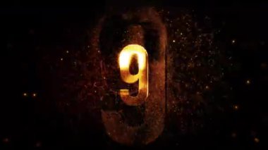 Geri sayım 10 'dan 0' a, altın ateş parçacıkları animasyon efekti siyah soyut arka planda sinematik başlık. Gösteri açılışları, spor müsabakaları, fragman, sosyal medya, yılbaşı gecesi için 4K 3D.