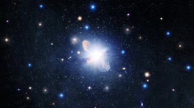 Galaksi Uzay Keşfi Uzay Kayası NGC 5128 Centaurus A 'da uzayda dolaşır. 4K parlayan nebula, bulutlar ve yıldız alanlarında uçmanın döngüsel animasyonu.