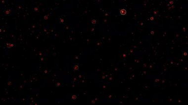 Soyut döngü animasyonu siyah arkaplanda akan kırmızı enerji toplarını parlatır. 4K 3D kaotik hareket. Parıltı parçacıkları havada uçuşuyor.