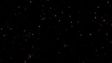 Soyut animasyon döngüsü, parlak altın yıldız parçacıkları siyah arkaplanda yukarı doğru akar. 4K 3D kusursuz altın halkalı bokeh parçacıkları havada uçuşuyor..