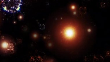 Siyah arka planda yüzen toz parçacıkları olan soyut sıçrama bombası, 4k 3D görüntüleme. Soyut 3D animasyon fütüristik patlama turuncu bulutlarla birlikte siyah arkaplana doğru yükseliyor.