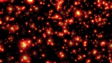 Parlak kırmızı enerji topu parçacıkları siyah soyut zemin üzerine düşüyor. 4K 3D ateşli kırmızı parlayan kor yanan kül parçacıklarının animasyonu.  