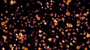 Animasyon döngüsü turuncu mor bokeh parçacıkları siyah soyut arka planda sağ üste akar. Alevli, beyaz, parlayan, yanan kül parçacıklarının canlandırması.