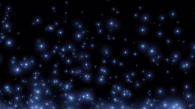 Animasyon döngüsü yanıp sönen mavi toz yıldızı parçacıkları siyah soyut arka planda yukarı doğru akar. Alevli mavi parlayan kor yanan kül parçacıklarının animasyonu.