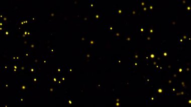 Soyut döngü animasyonu yanıp sönen altın renkli fosforlu toz tanecikleri siyah arka planda havada uçuşuyor. 4K 3D kusursuz turuncu kırmızı altın parçacıkları havada uçuşuyor..