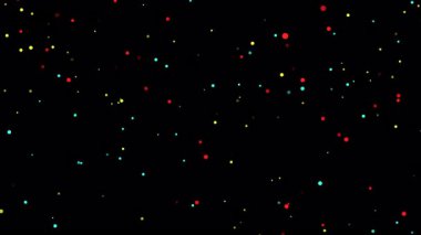 Ekran projesi kaplaması için siyah arkaplan üzerinde soyut düşen çok renkli bokeh parçacıkları. 4K 3D çok renkli bokeh parçacıkları havada uçuşuyor. 