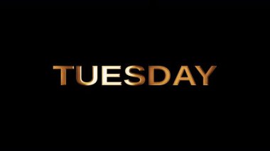 Salı günkü döngüde altın metin, siyah arkaplanda yanıp sönen ışık efekti animasyonu. Salı metni yanıp sönen altın parlayan ışık desenli. İzole edilmiş alfa kanalı 444 'ü uygula