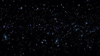 Siyah soyut arkaplanda yanıp sönen mavi yıldız parçacıkları animasyon hareketi. Siyah arkaplan hareketindeki altın mavi yıldız parçacığı sinematik başlıklar