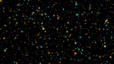 Soyut döngü animasyonu sarı turuncu mavi bokeh parçacıkları siyah arkaplanda akar. 4K 3D sarı kırmızı bokeh parçacıkları havada uçuşuyor. 