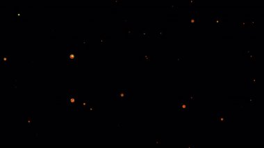 Kırmızı ışık saçan kırmızı enerji topu parçacıkları siyah soyut arkaplandaki animasyonu ateşliyor. 4K 3D ateşli kırmızı parlayan kor yanan kül parçacıklarının animasyonu.  