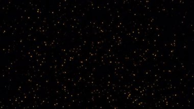 Döngü titreşen altın tozlu yıldız parçacıkları siyah soyut arkaplan üzerinde hareket akışına sahiptir. Siyah arkaplan hareketindeki altın yıldız parçacığı sinematik başlıklar