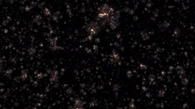 Soyut animasyon döngüsü, siyah arkaplanda hareket eden altın yıldız parçacıkları parlıyor. 4K 3D kusursuz altın halkalı bokeh parçacıkları havada uçuşuyor..