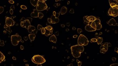 4K döngüsü düşen parlak altın kalp siyah soyut arkaplan animasyonunda. 