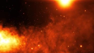 Turuncu altın ateş parçacıkları siyah soyut arkaplan üzerinde duman bulutu ve işaret fişeği ile sağa doğru hareket eder. 4K içinde oluşturulan soyut görünümlü parçacık canlandırma arkaplanı taşınıyor. 