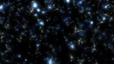Döngü yanıp sönen yıldız parçacıkları siyah soyut arka planda havada uçuşuyor. Alevli altın mavisi parlayan kor yanan kül parçacıklarının animasyonu.