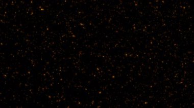 Soyut animasyon döngüsü yanıp sönen altın yıldız parçacıkları siyah arkaplanda akıyor. 4K 3D kusursuz altın halkalı bokeh parçacıkları havada uçuşuyor..